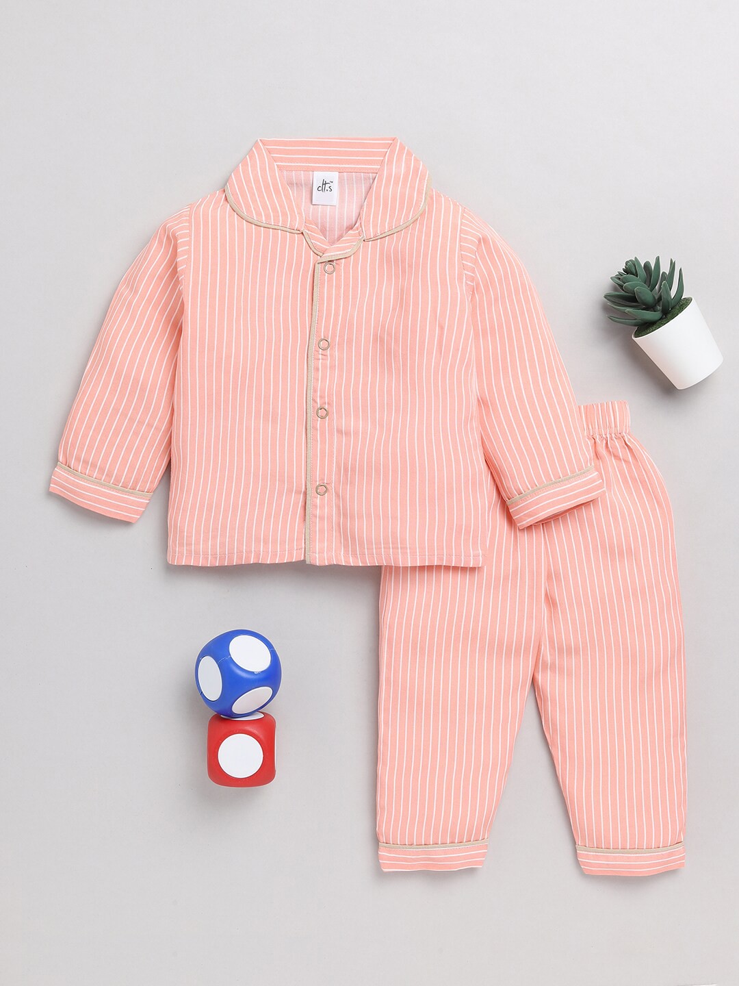 

Clt.s Infants Kids Striped Pure Cotton Night Suit, Orange
