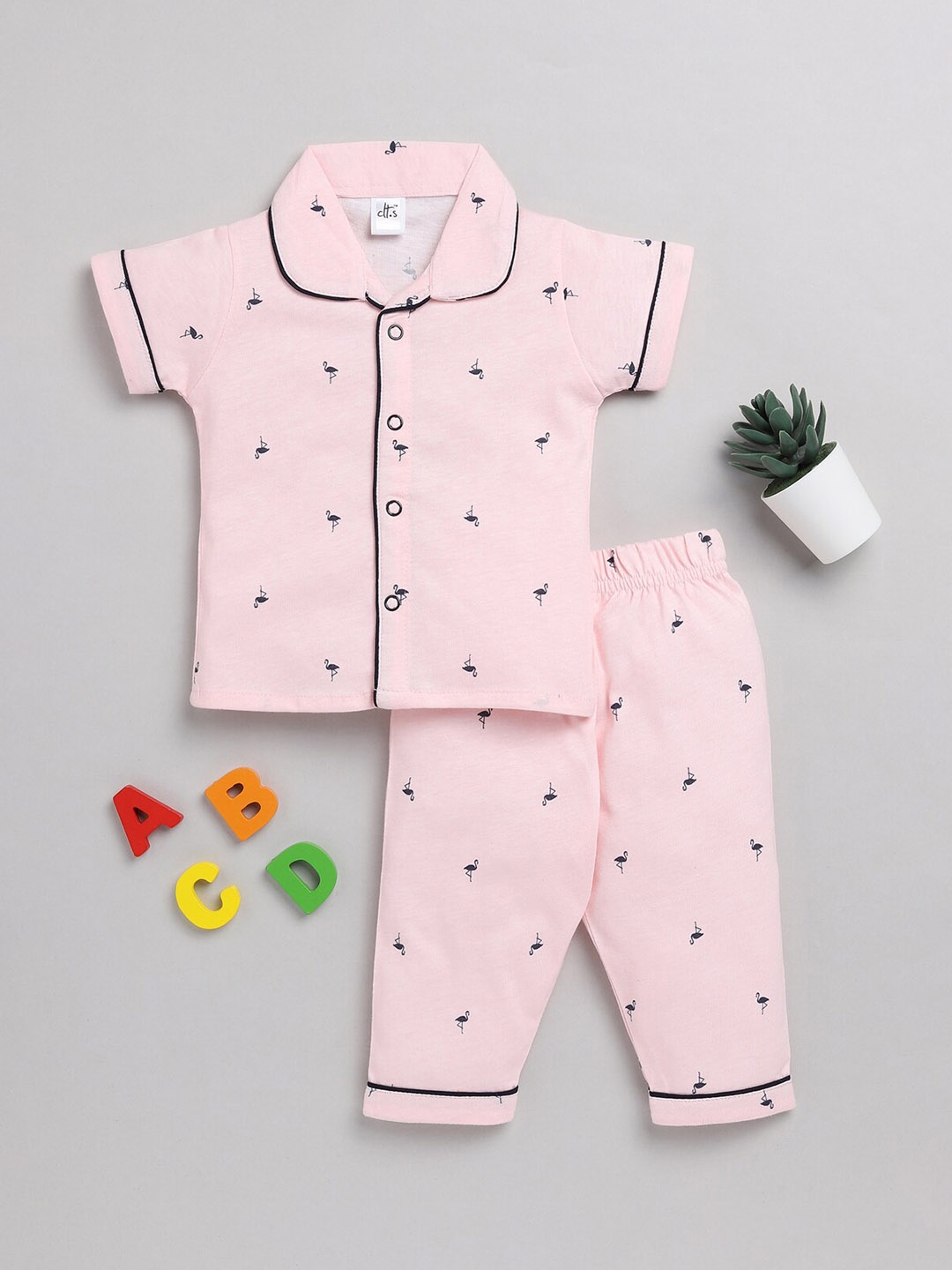 

Clt.s Kids Infants Conversational Printed Pure Cotton Night Suit, Pink