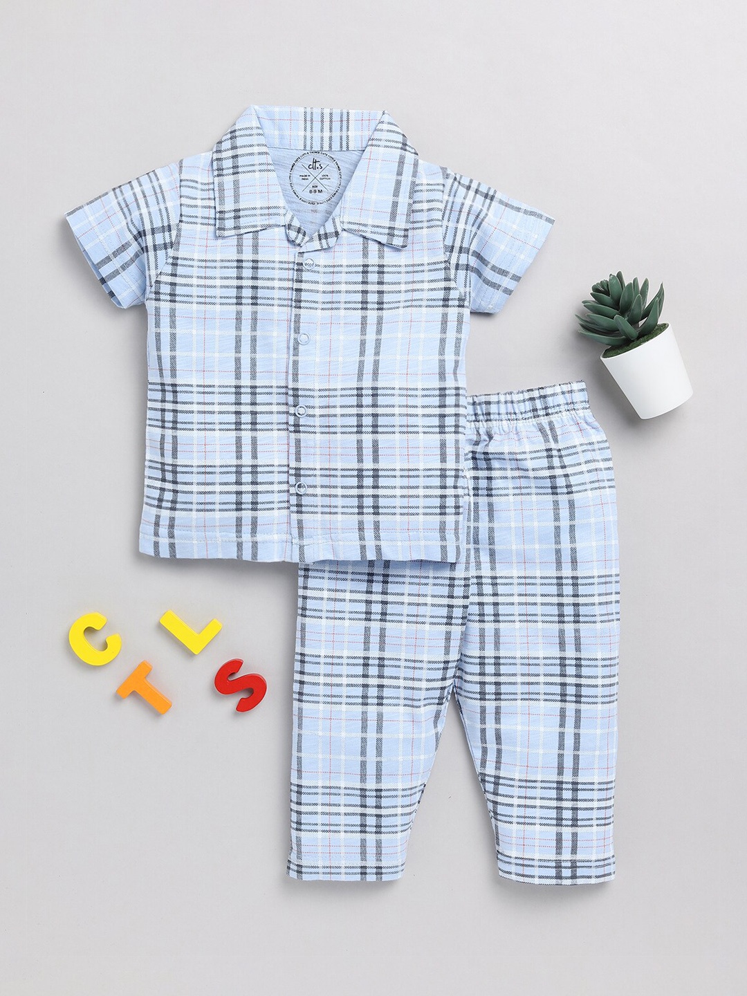 

Clt.s Infants Kids Checked Pure Cotton Night Suit, Blue