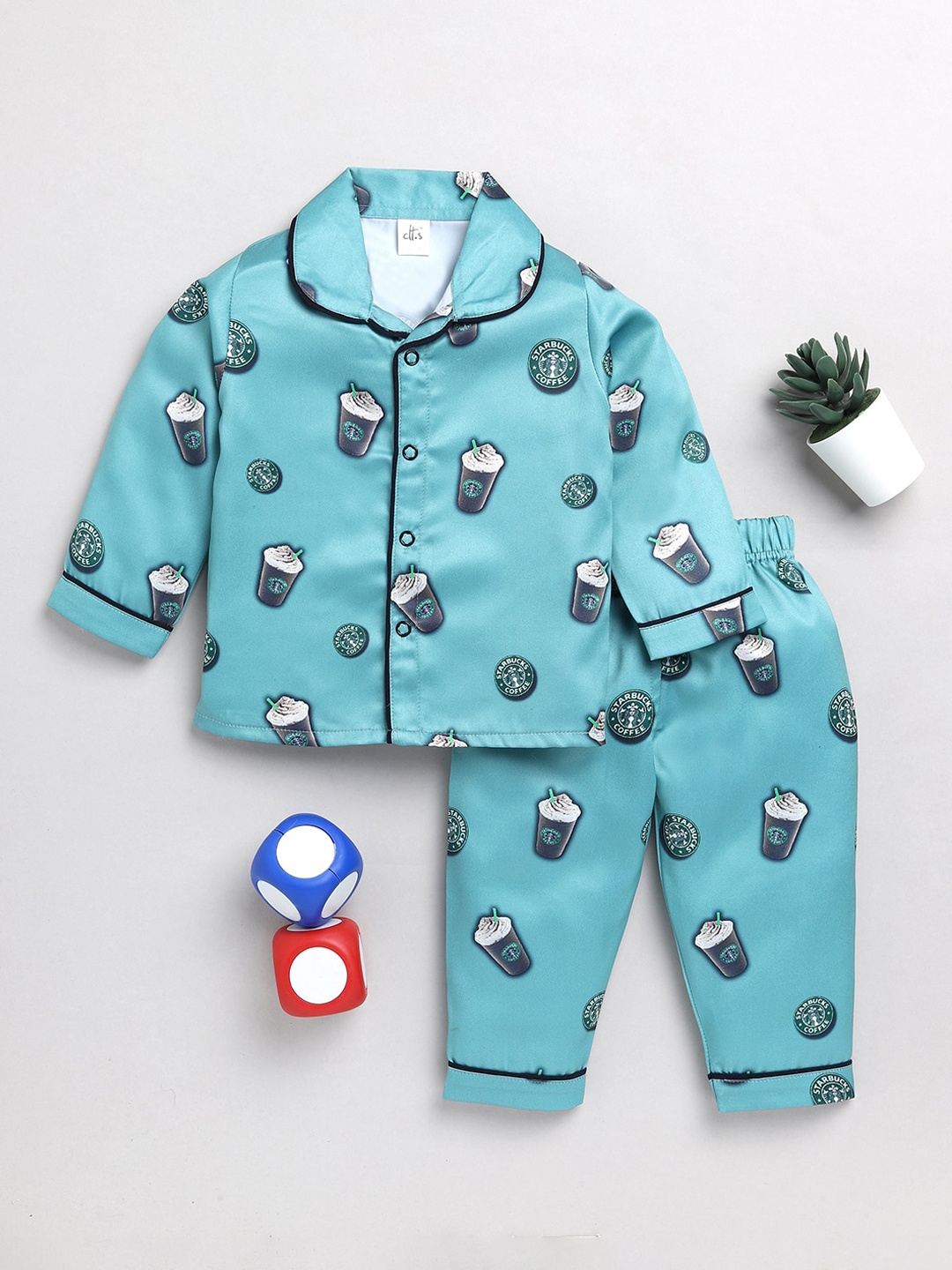 

Clt.s Infants Kids Conversational Printed Satin Night Suit, Green