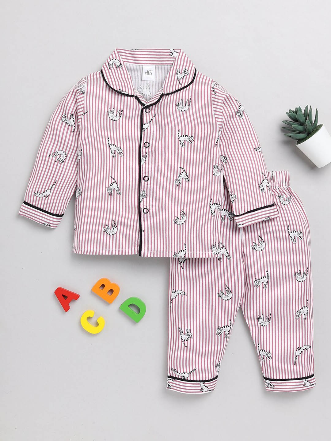 

Clt.s Kids Striped Pure Cotton Night Suit, Burgundy