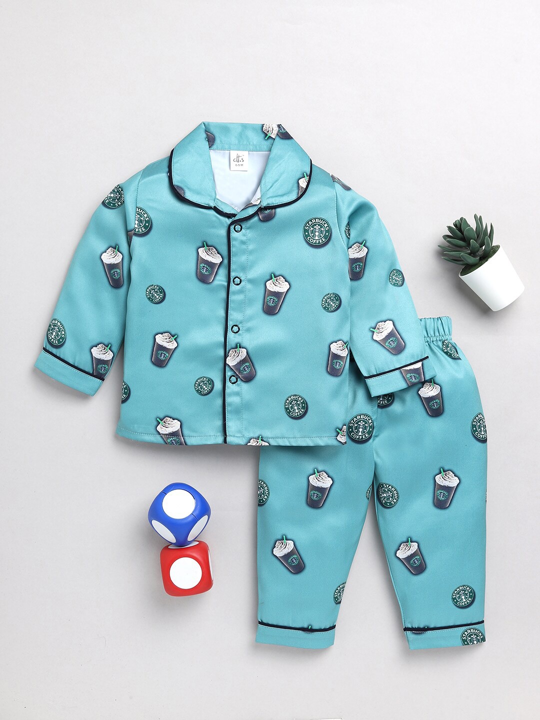 

Clt.s Infants Kids Conversational Printed Satin Night Suit, Green