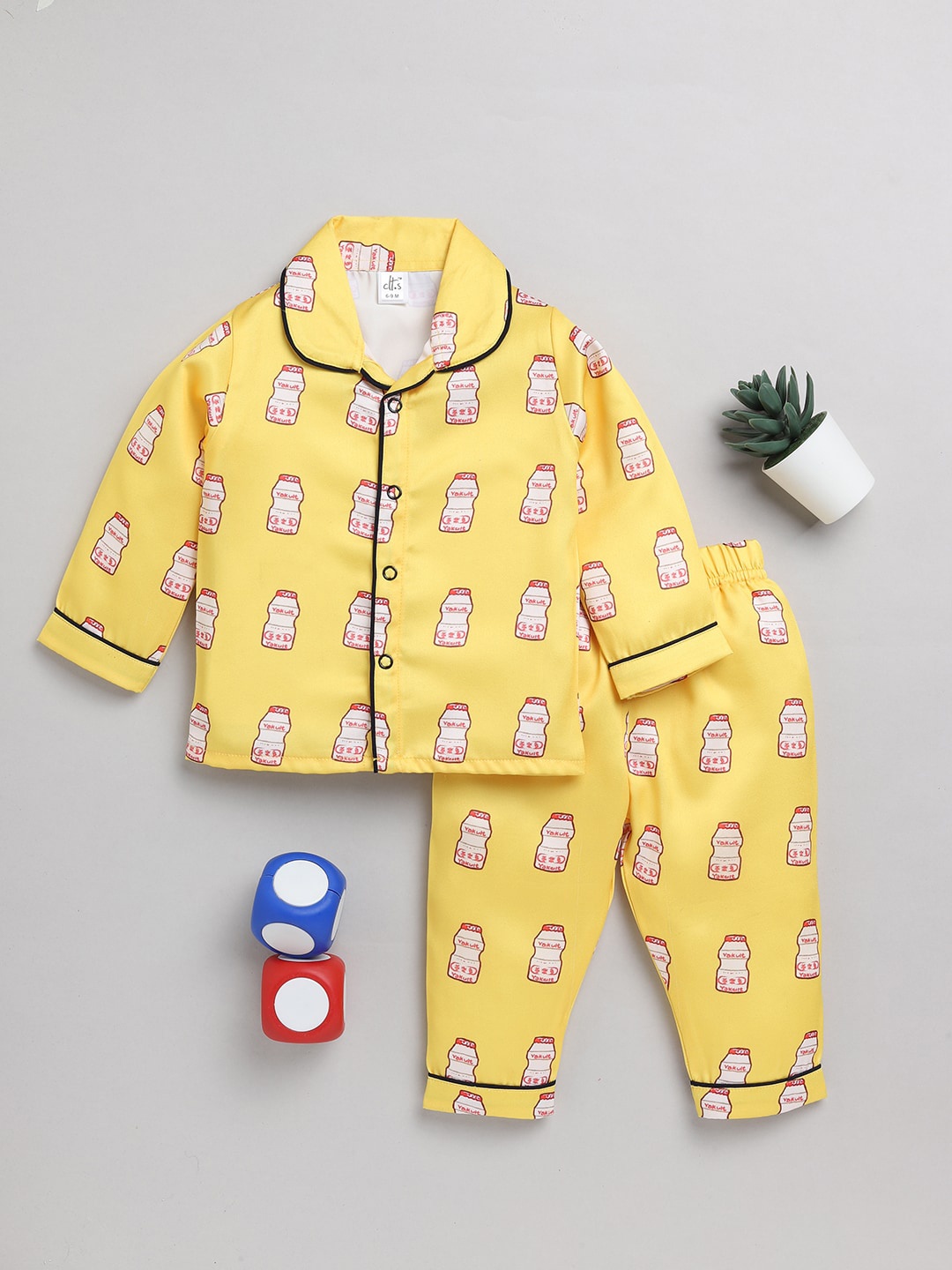 

Clt.s Infants Kids Conversational Printed Satin Night Suit, Yellow