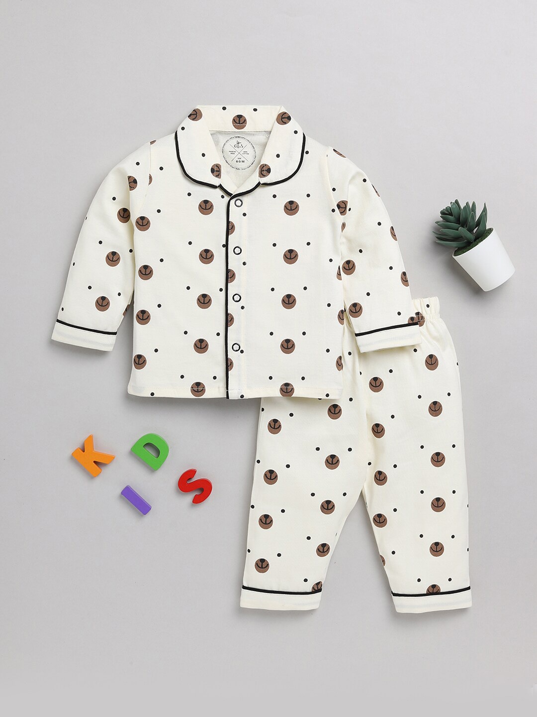 

Clt.s Infants Kids Conversational Printed Pure Cotton Night Suit, Cream