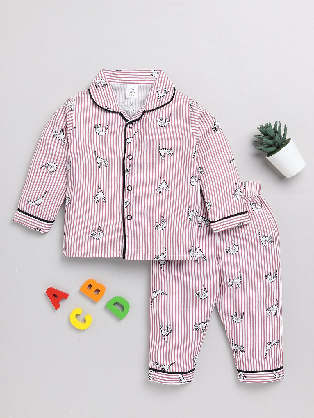 

Clt.s Infants Kids Striped Pure Cotton Night Suit, Burgundy