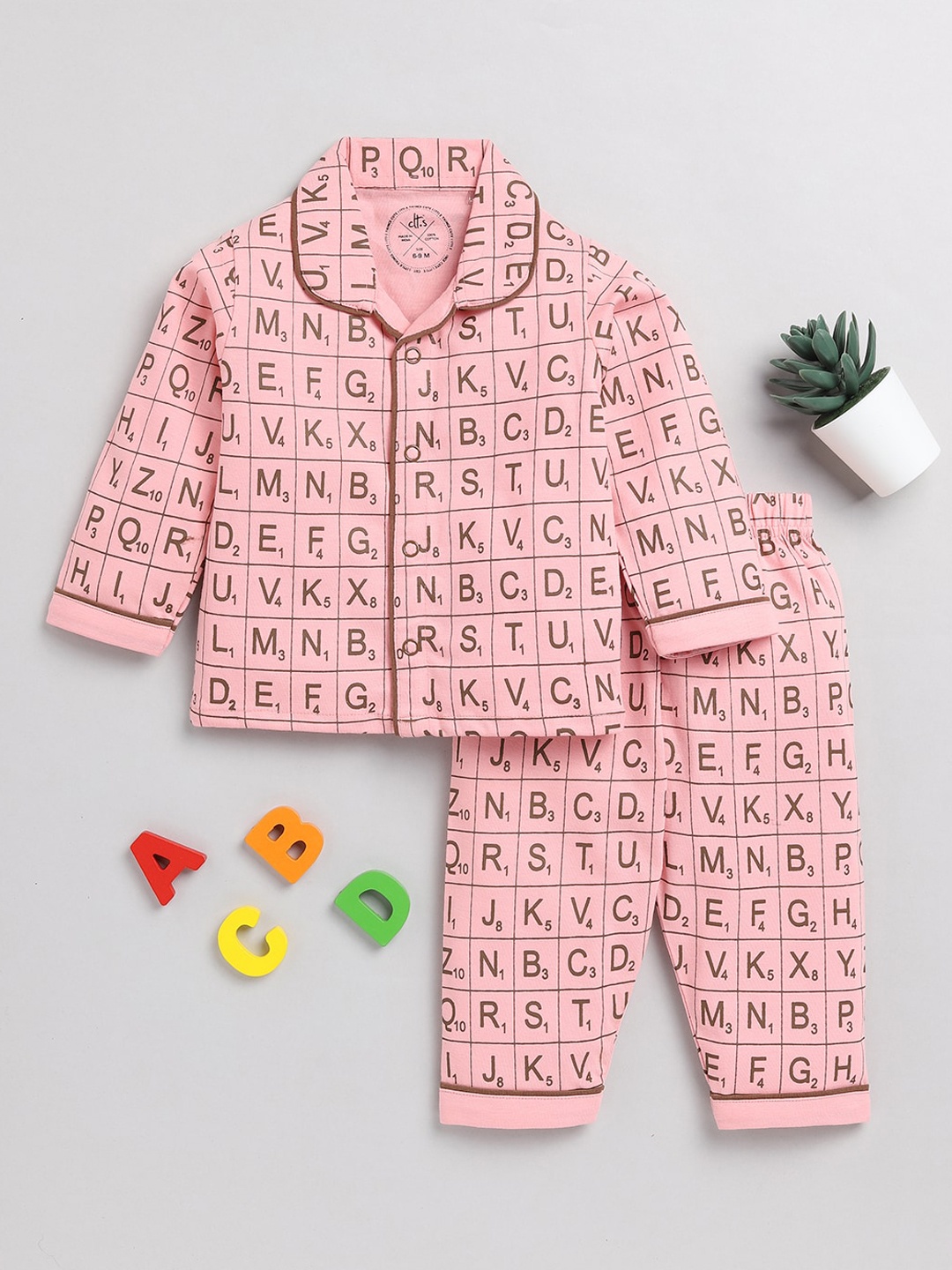 

Clt.s Infants Kids Typography Printed Pure Cotton Night Suit, Pink