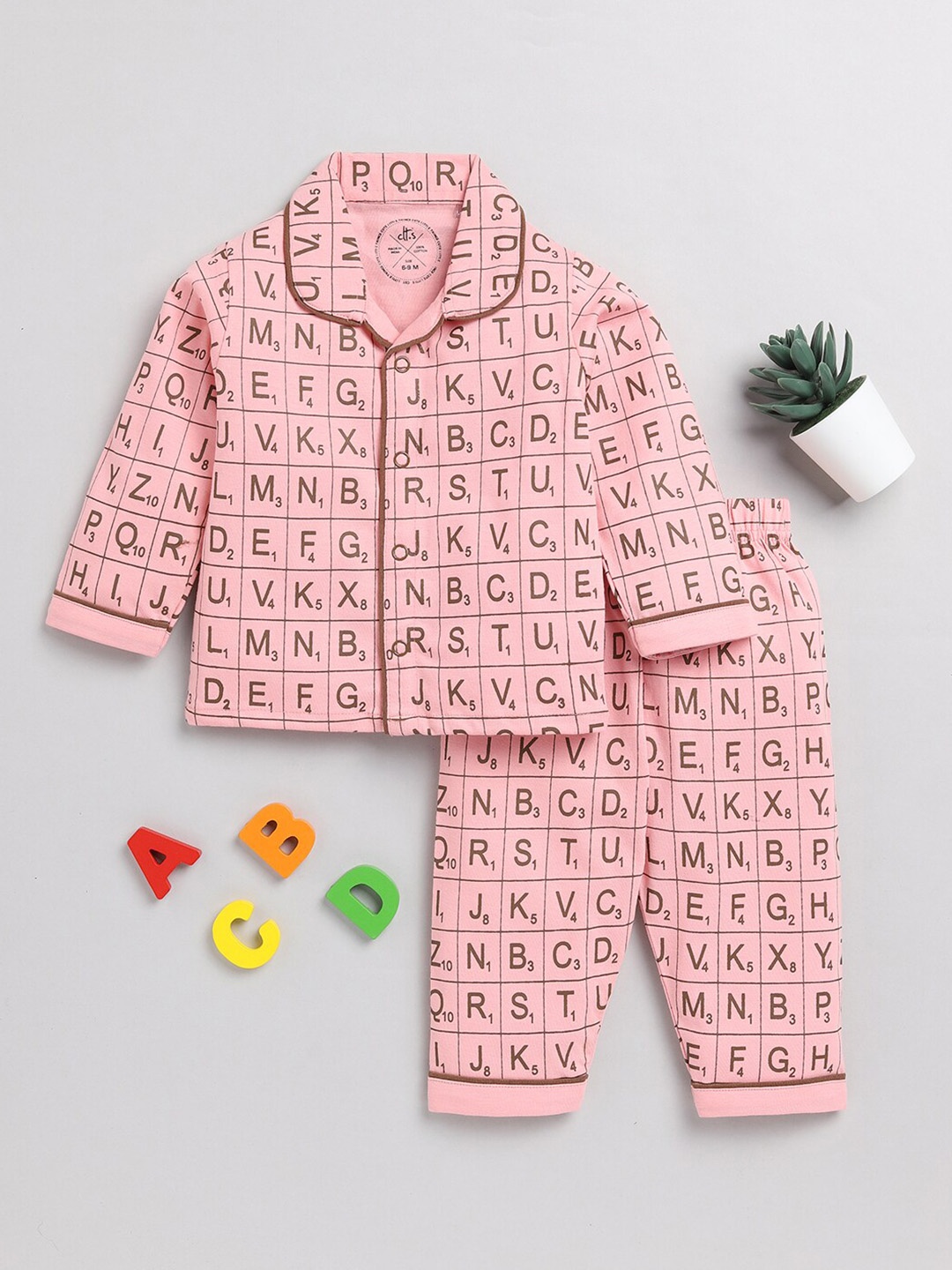 

Clt.s Infants Kids Typography Printed Pure Cotton Night Suit, Pink