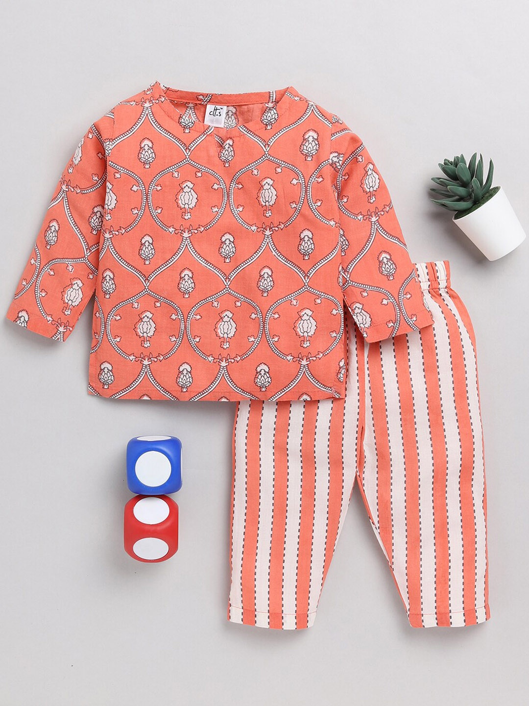 

Clt.s Infants Kids Striped Pure Cotton Night Suit, Orange