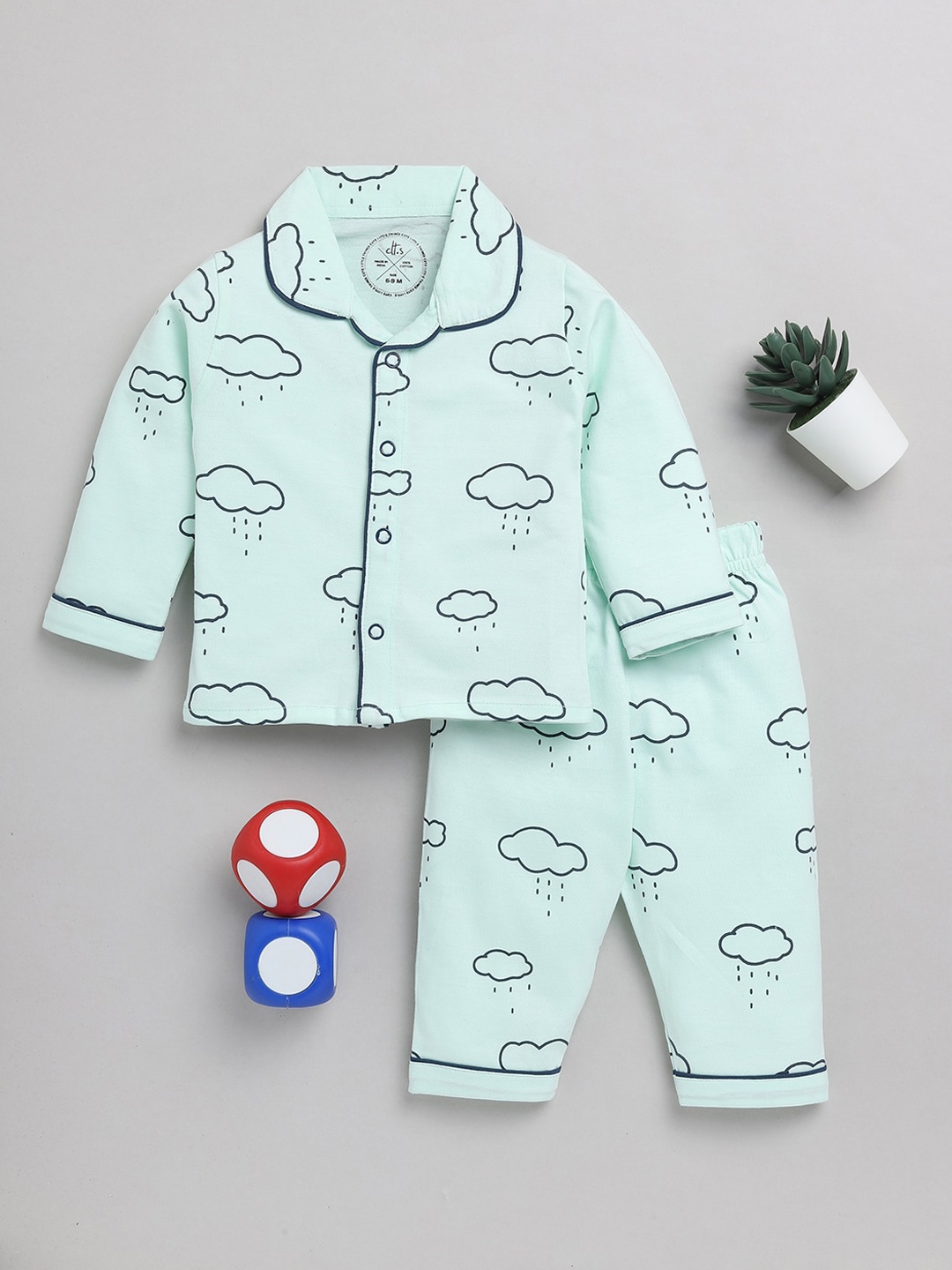 

Clt.s Infants Kids Conversational Printed Pure Cotton Night Suit, Green