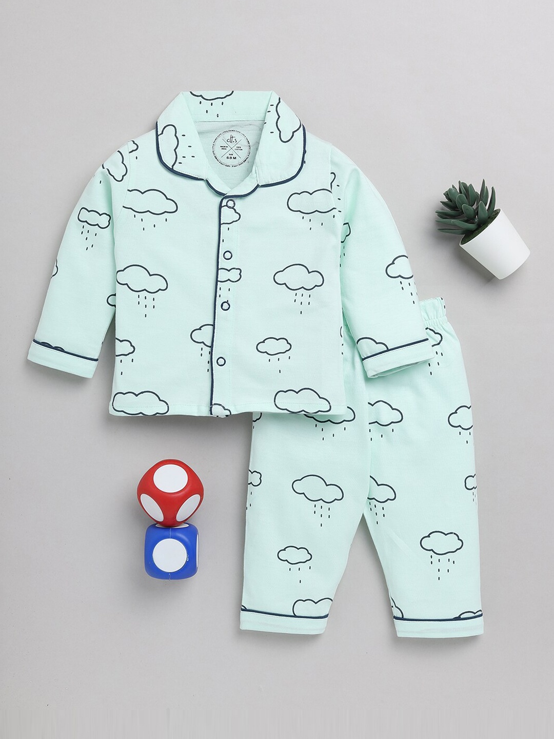 

Clt.s Infants Kids Conversational Printed Pure Cotton Night Suit, Green