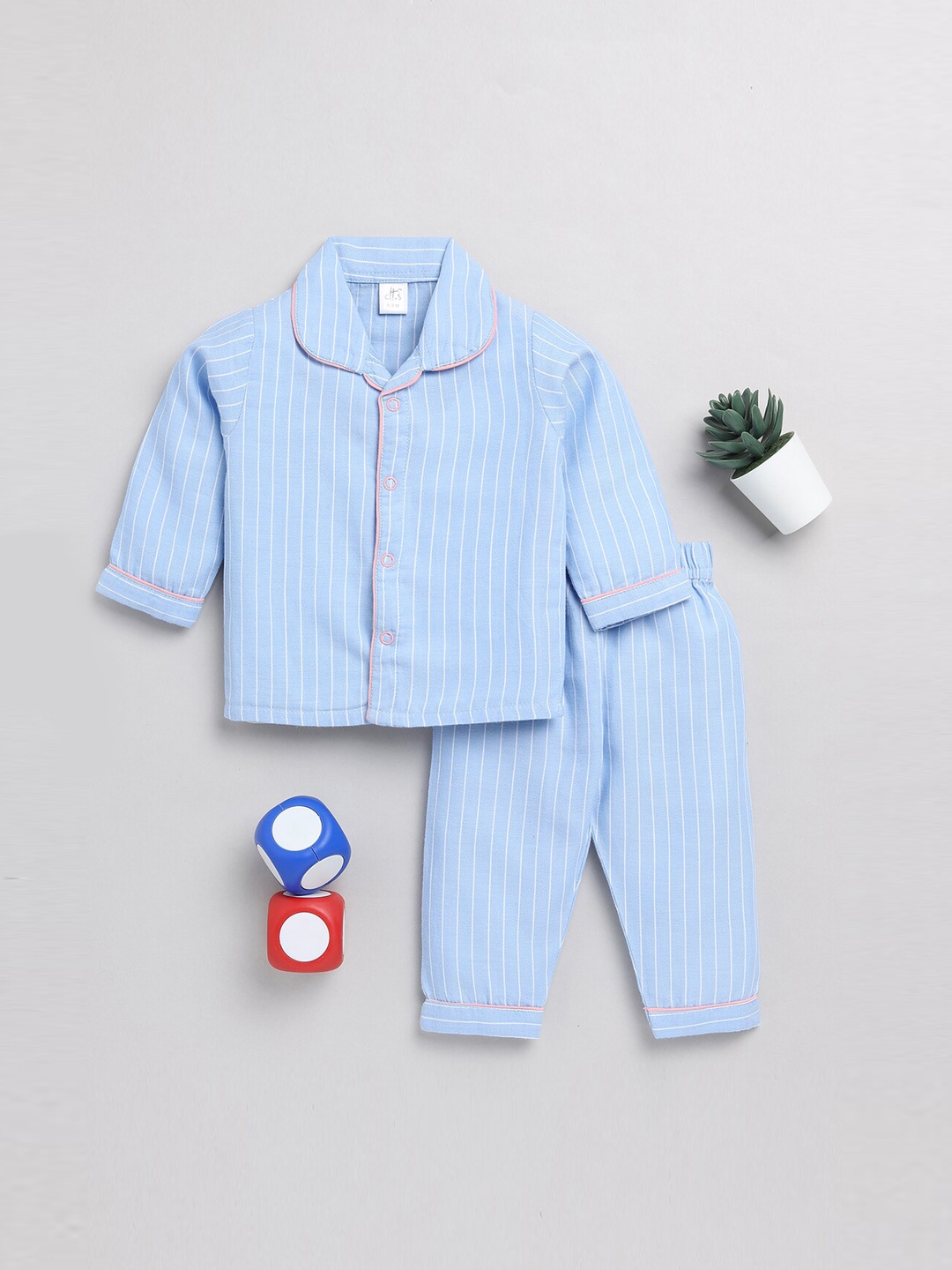 

Clt.s Infants Kids Striped Pure Cotton Night Suit, Blue