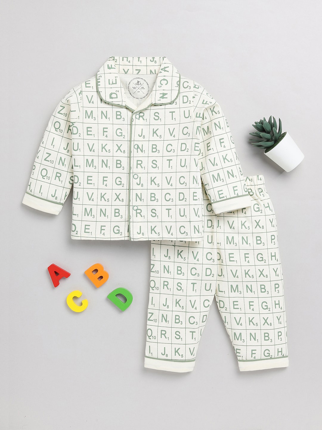 

Clt.s Infants Kids Typography Printed Pure Cotton Night Suit, Cream