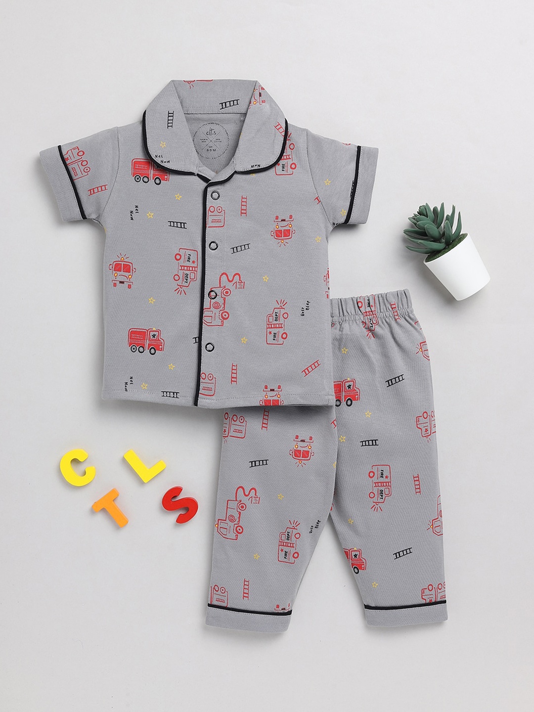 

Clt.s Kids Conversational Printed Pure Cotton Night Suit, Grey