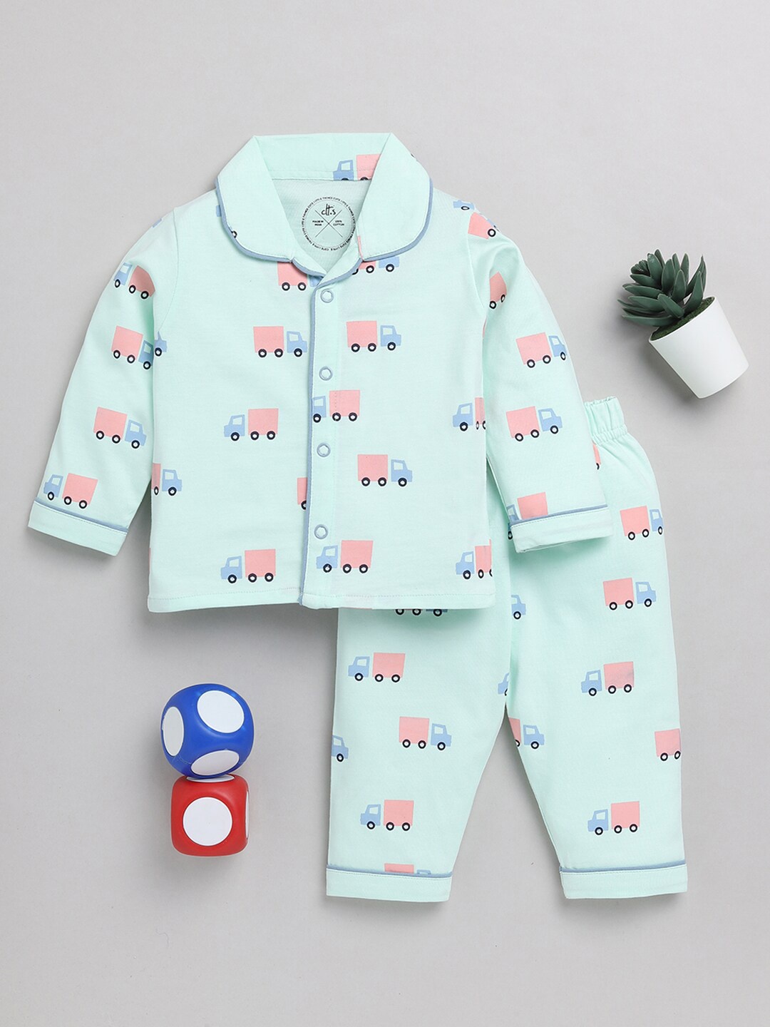 

Clt.s Kids Conversational Printed Pure Cotton Night Suit, Green