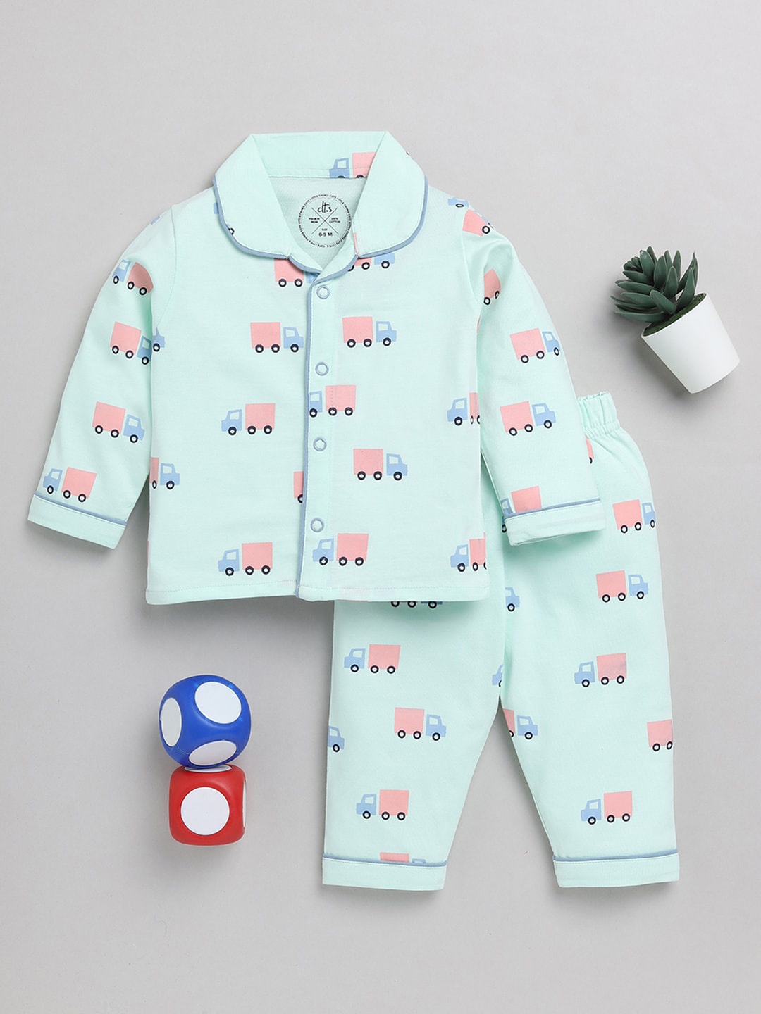 

Clt.s Infants Kids Conversational Printed Pure Cotton Night Suit, Green