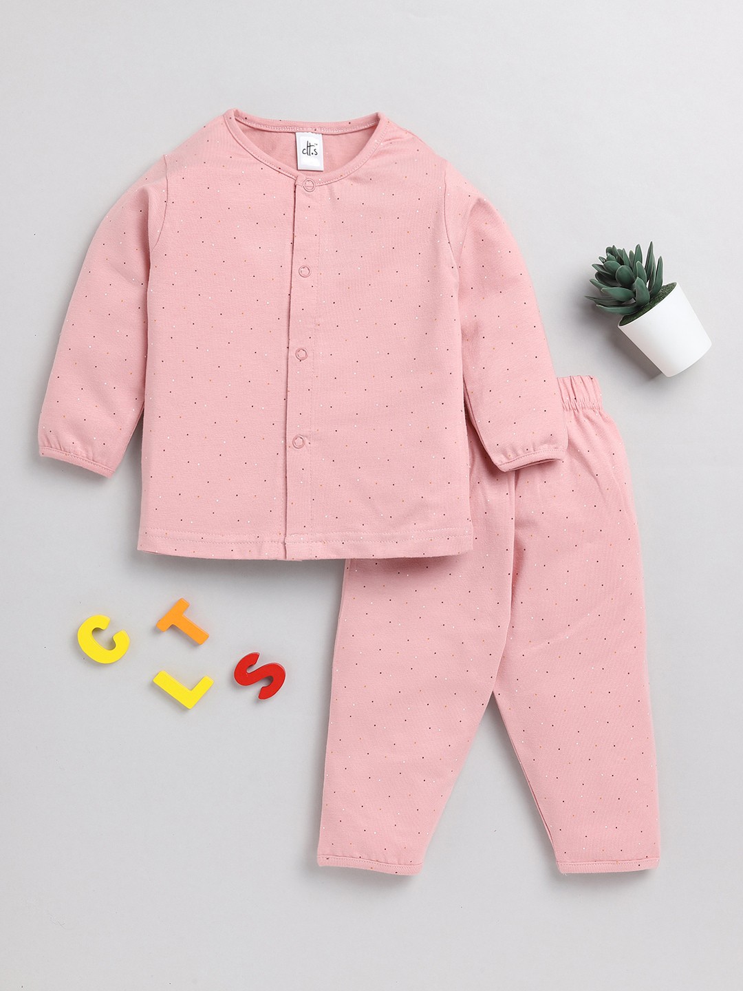 

Clt.s Infants Kids Polka Dots Printed Pure Cotton Night Suit, Peach