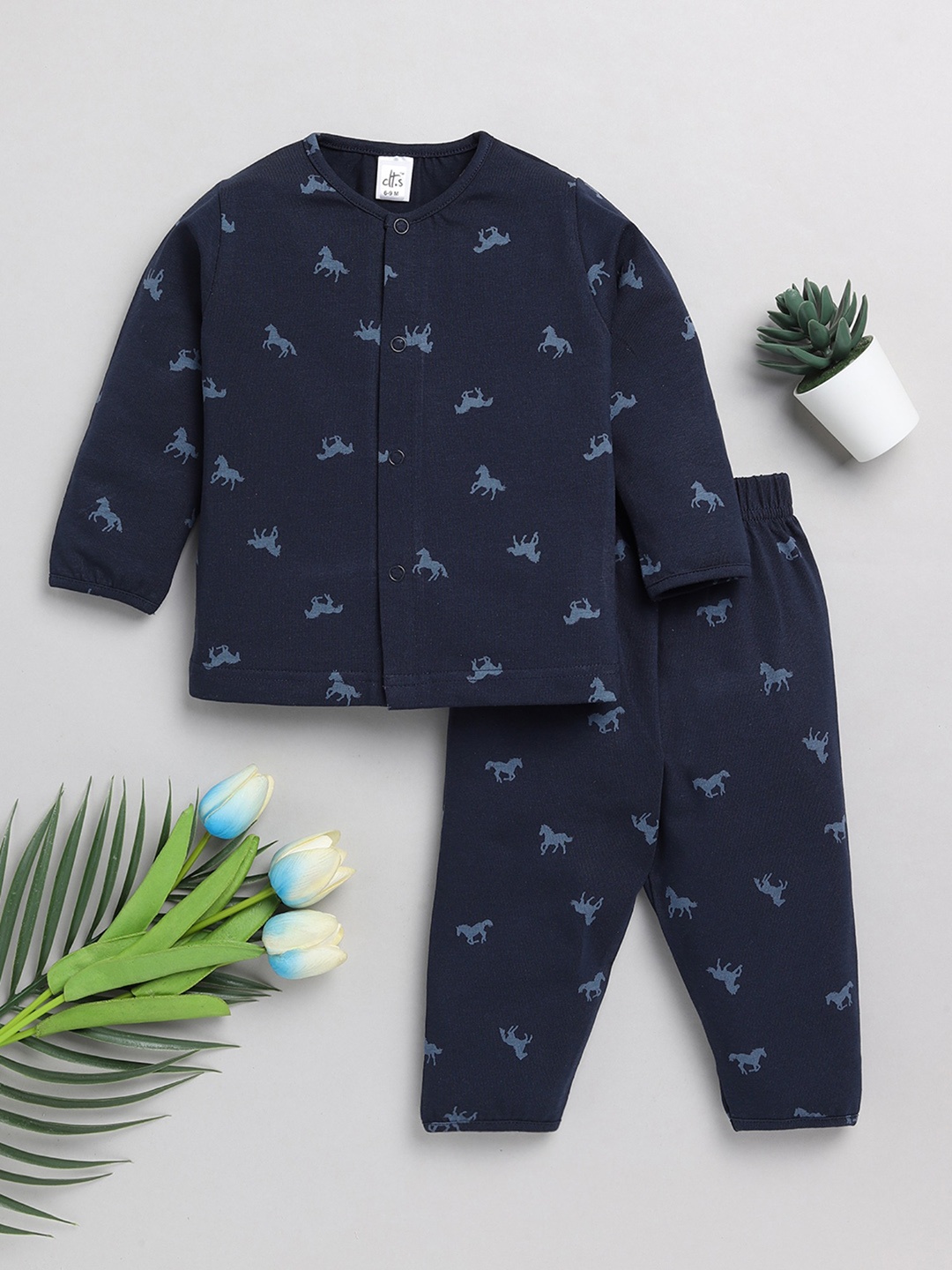 

Clt.s Infants Kids Conversational Printed Pure Cotton Night Suit, Navy blue