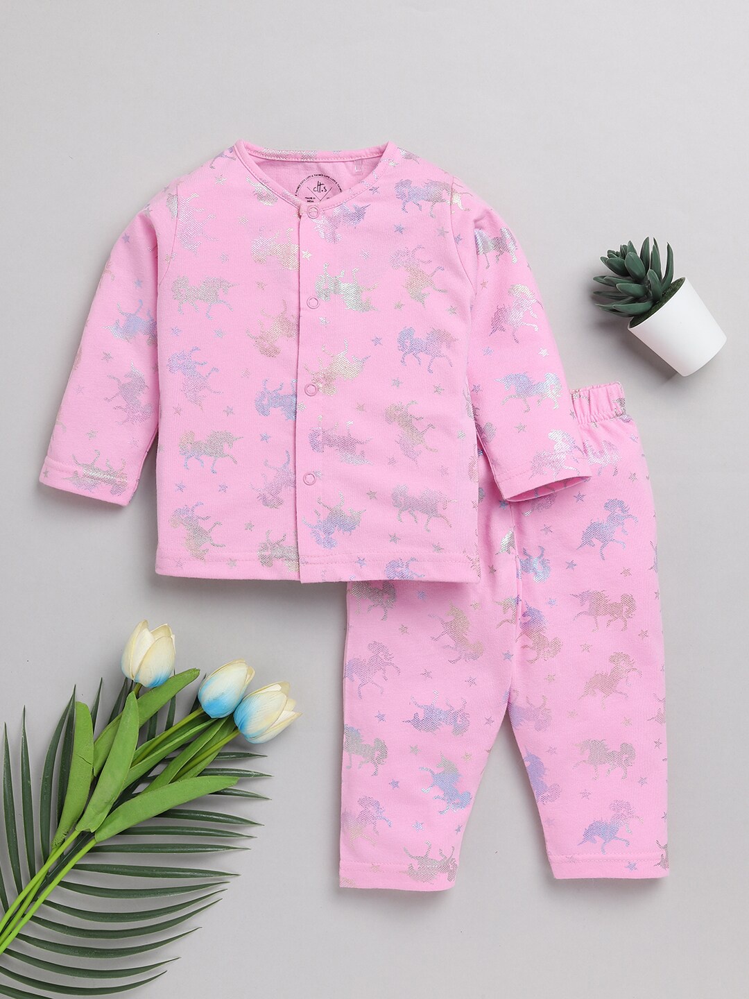 

Clt.s Infants Kids Conversational Printed Pure Cotton Night Suit, Pink