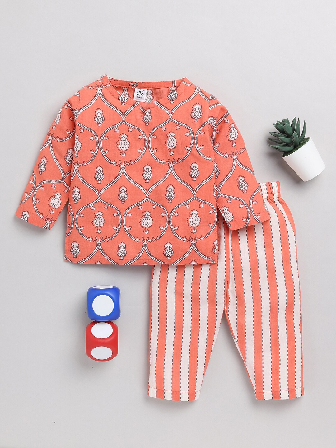 

Clt.s Infants Kids Ethnic Motifs Printed Pure Cotton Night Suit, Orange