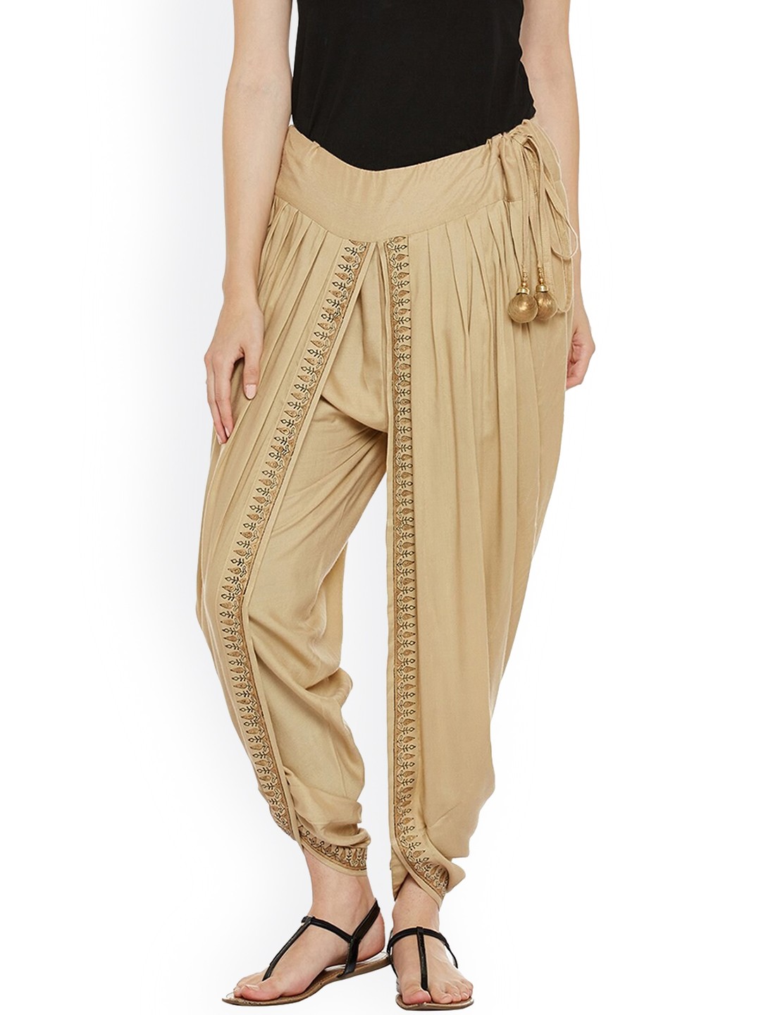 

9rasa Women Hand Block Printed Dhoti Pants, Beige