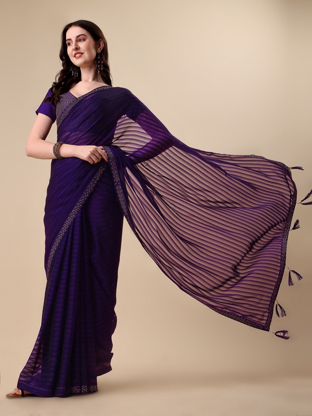 

Vaidehi Fashion Striped Embellished Pure Silk Saree, Purple