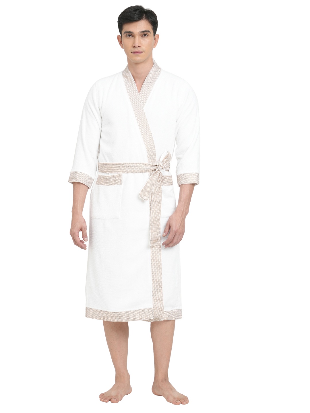 

SPACES Unisex Pure Cotton 400 GSM Bath Robe with Fabric Belt, White