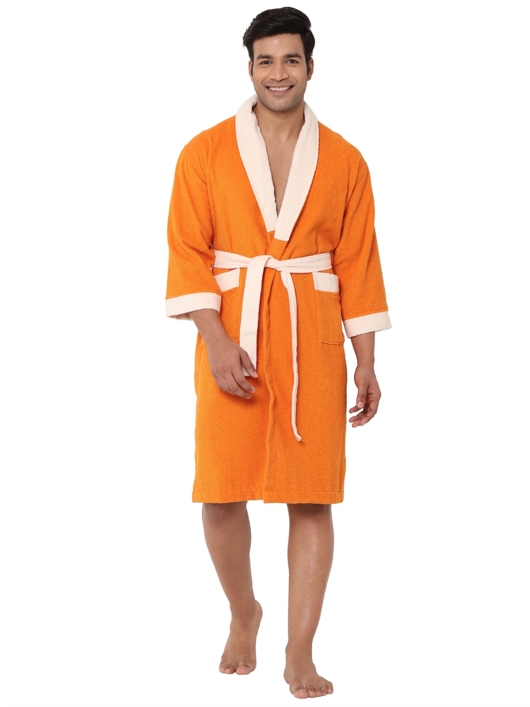 

SPACES Unisex Pure Cotton 400 GSM Bath Robe with Fabric Belt, Orange