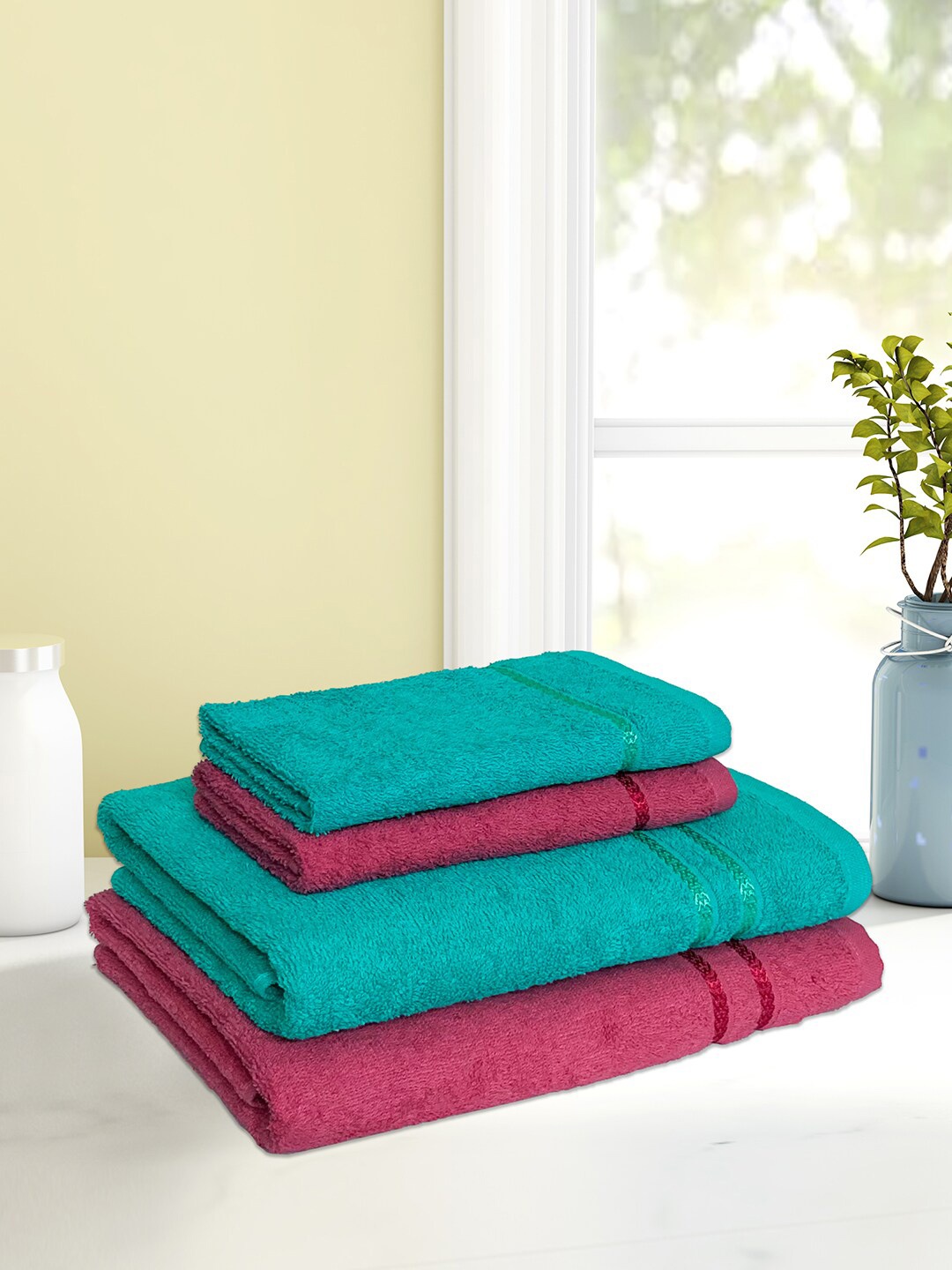 

SPACES Set Of 4 Pure Cotton 380 GSM Towel Set, Green