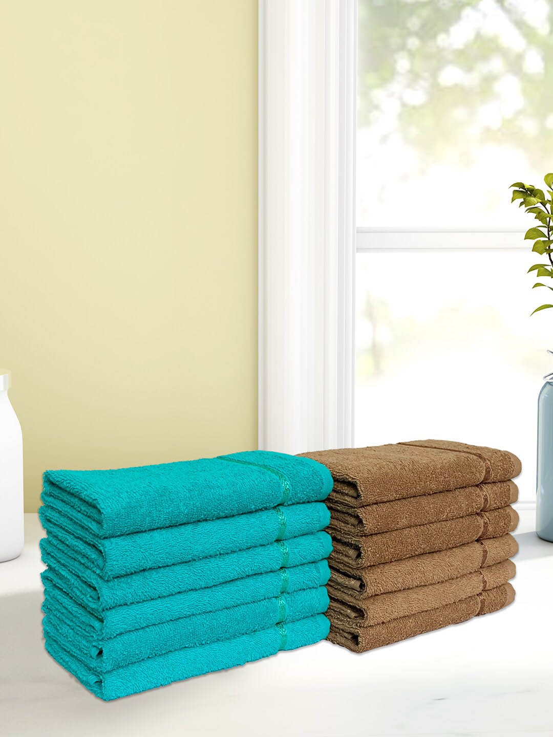 

SPACES Seasons Best Teal Blue & Brown 12 Pieces 380 GSM Pure Cotton Hand Towels