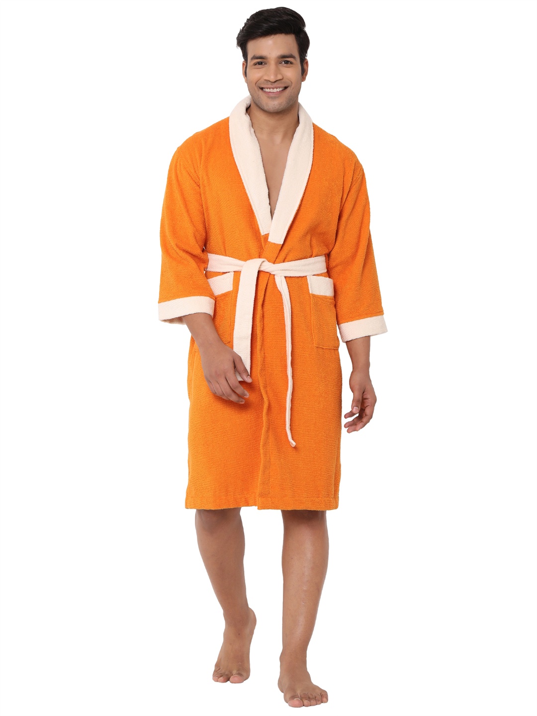 

SPACES Unisex Pure Cotton 400 GSM Bath Robe with Fabric Belt, Orange