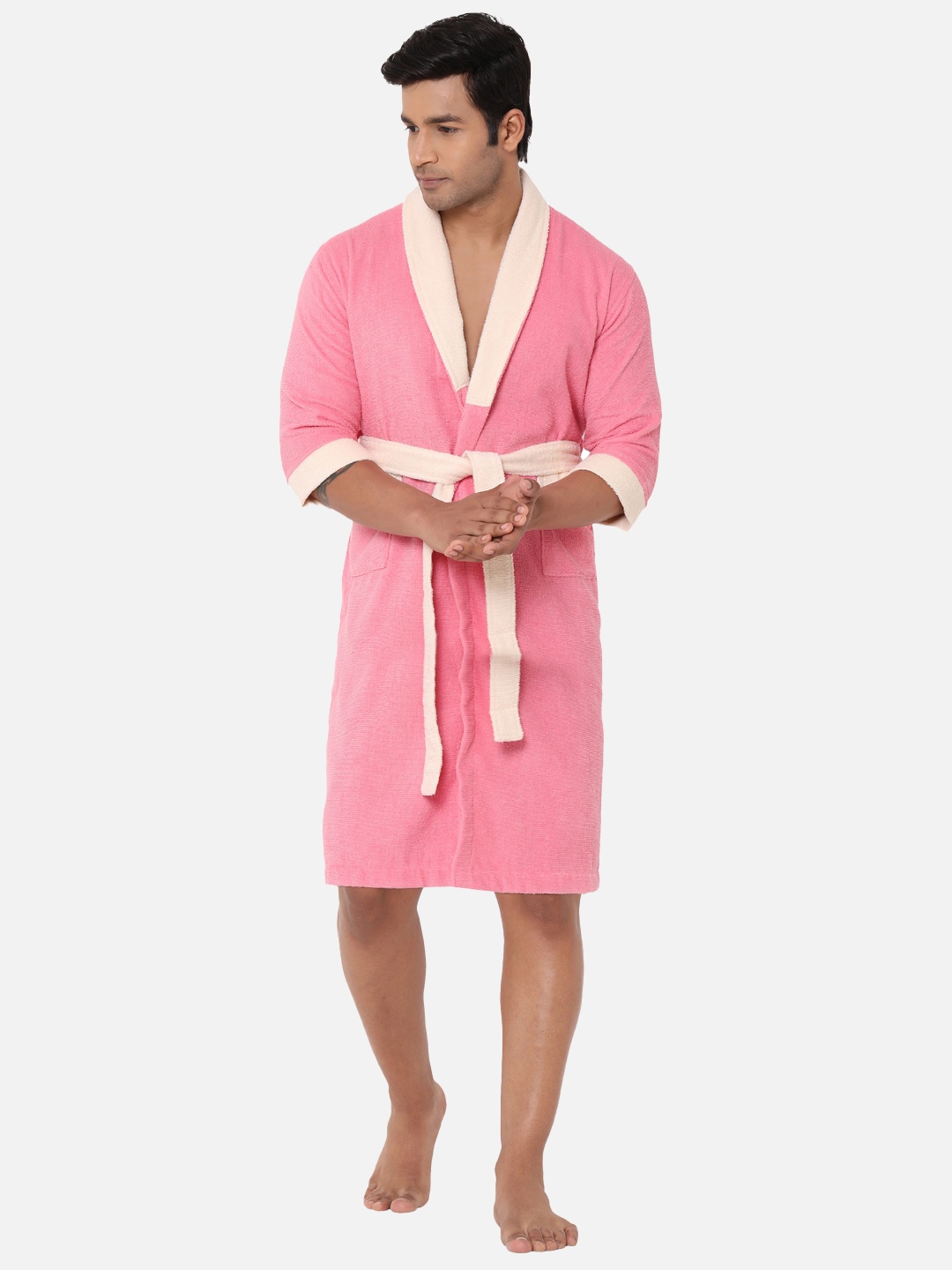 

SPACES Unisex Pure Cotton 300 GSM Bath Robe with Fabric Belt, Pink