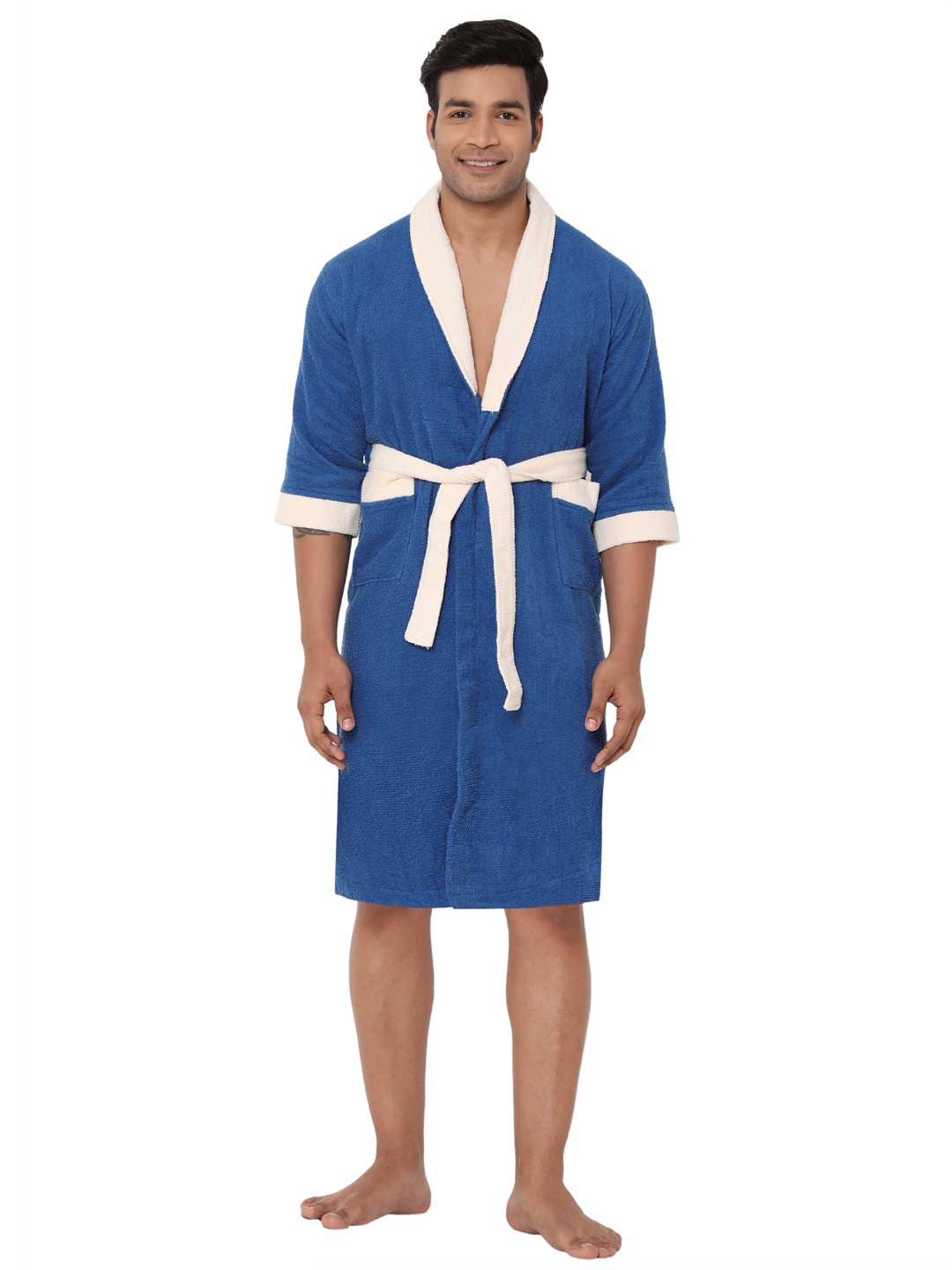 

SPACES Unisex Pure Cotton 400 GSM Bath Robe with Fabric Belt, Blue