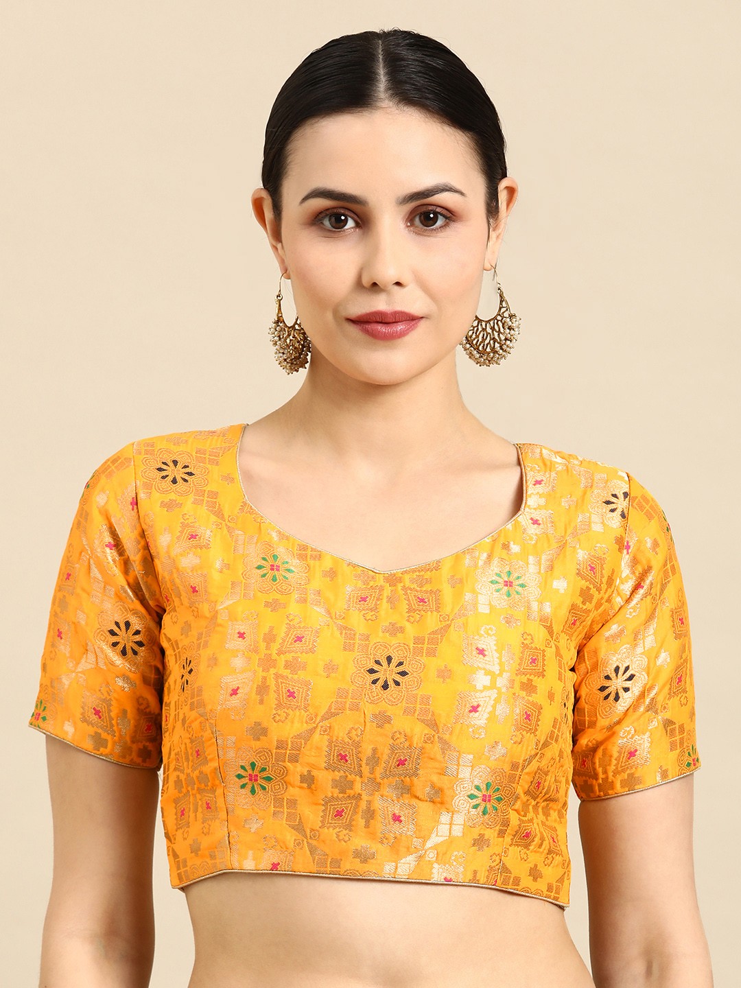 

flaher Woven Design Banarasi Silk Jacquard Ready To Wear Padded Saree Blouse, Yellow