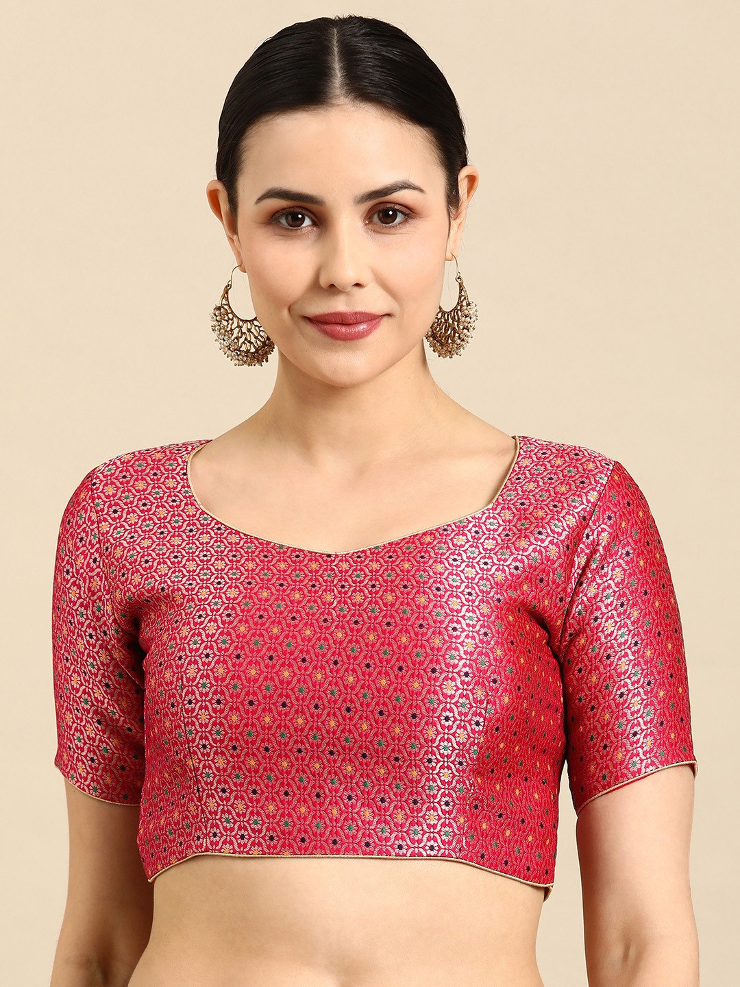 

flaher Sweetheart Neck Banarasi Silk Jacquard Padded Saree Blouse, Pink