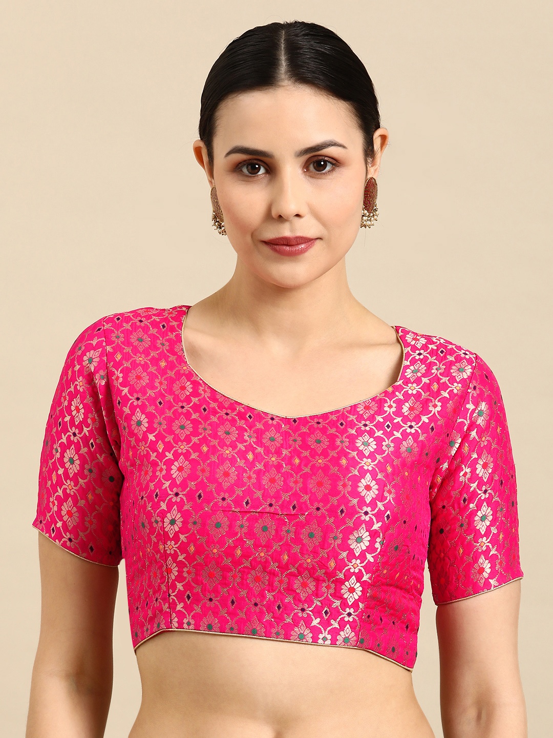 

flaher Sweetheart Neck Banarasi Silk Jacquard Padded Saree Blouse, Pink