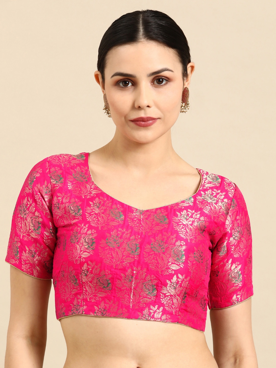

flaher Sweetheart Neck Banarasi Silk Jacquard Padded Saree Blouse, Pink