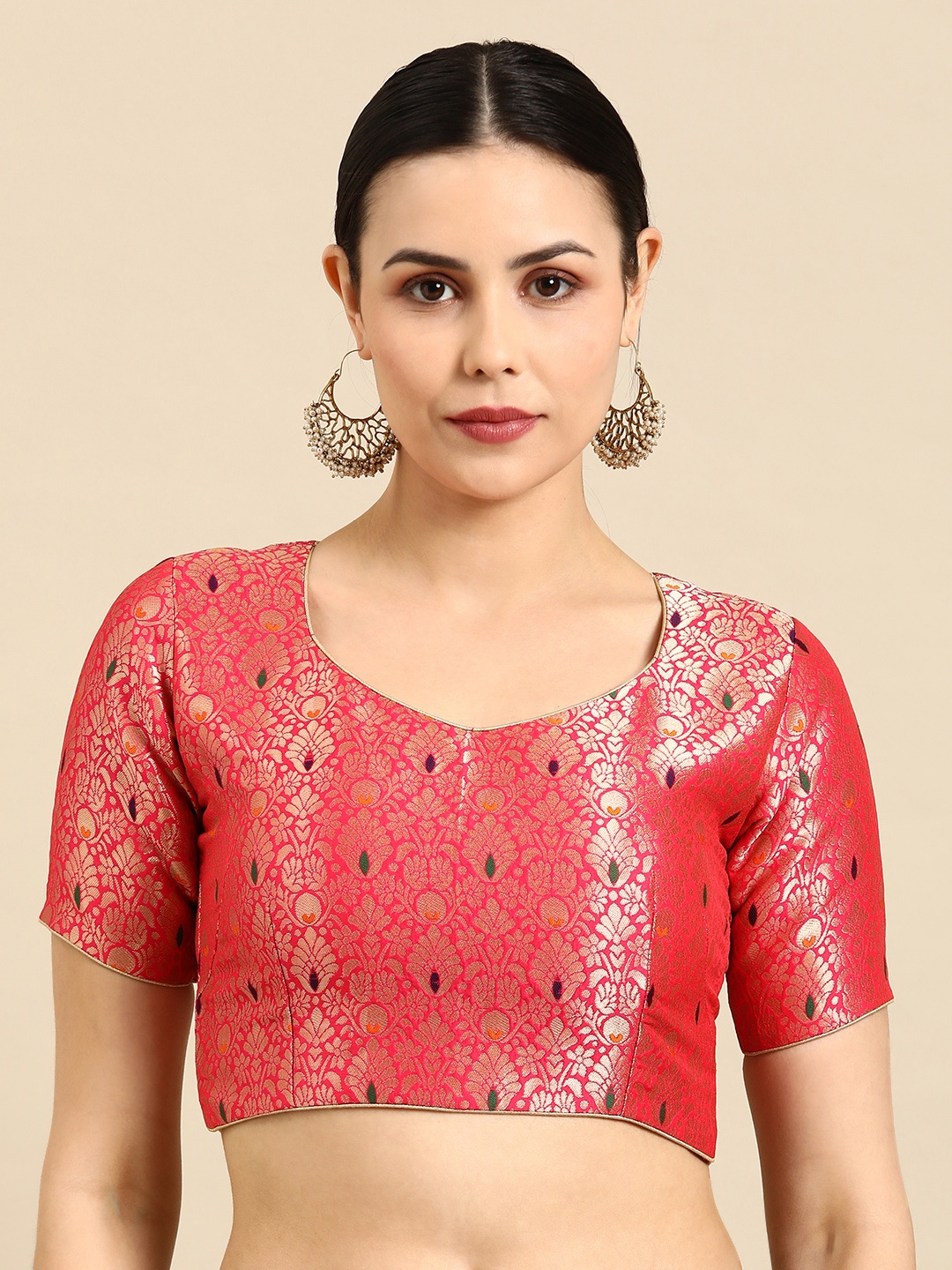 

flaher Woven Design Banarasi Silk Jacquard Ready To Wear Padded Saree Blouse, Red