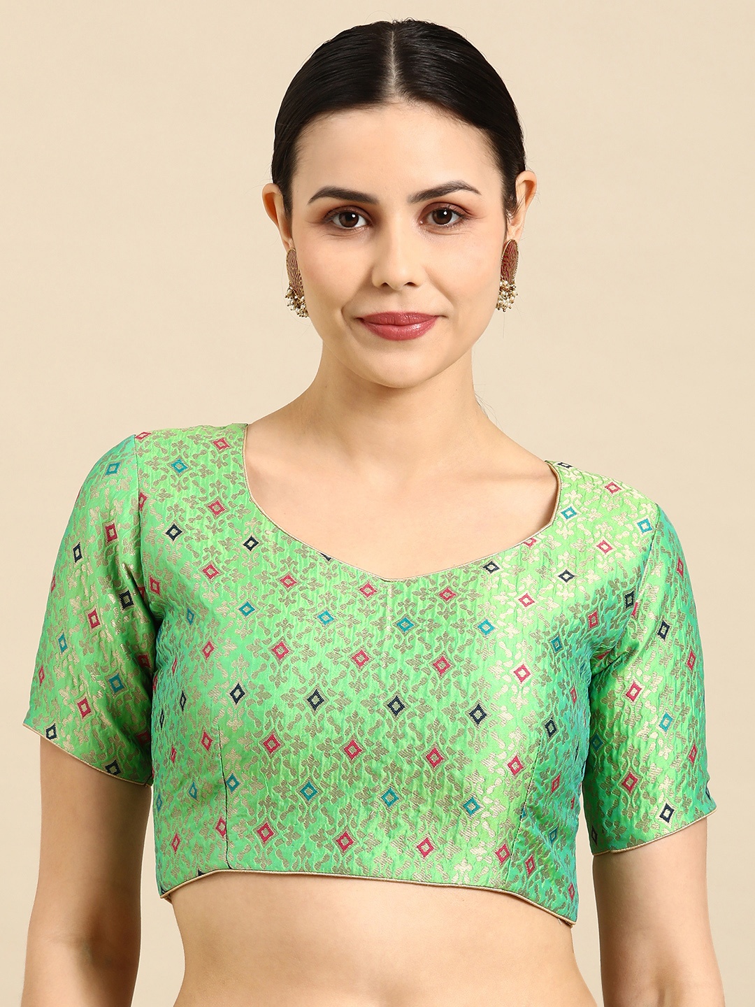 

flaher Woven Design Banarasi Silk Jacquard Ready To Wear Padded Saree Blouse, Green