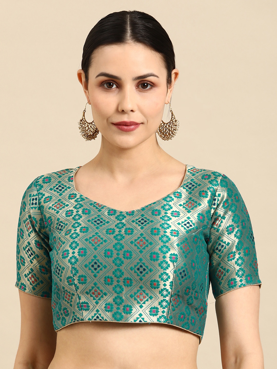 

flaher Sweetheart Neck Banarasi Silk Jacquard Padded Saree Blouse, Blue
