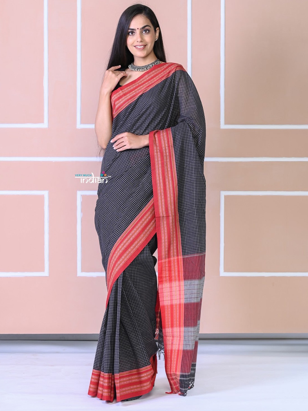 

Very Much Indian Checked Pure Cotton Saree, Black