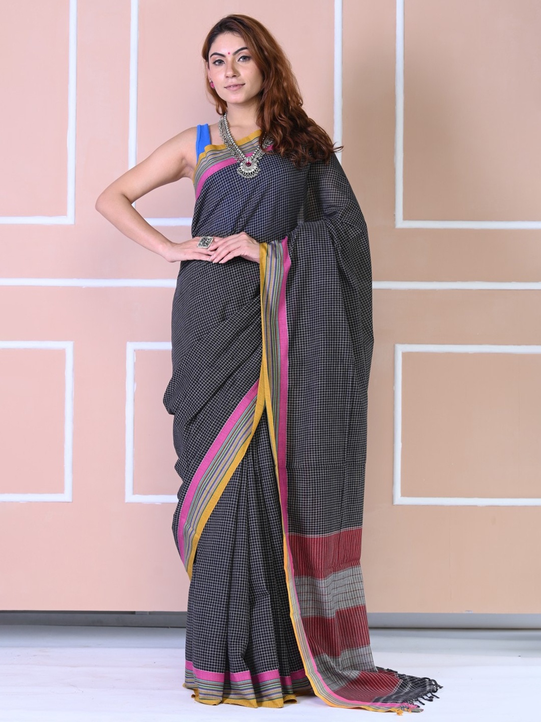 

Very Much Indian Checked Pure Cotton Saree, Black