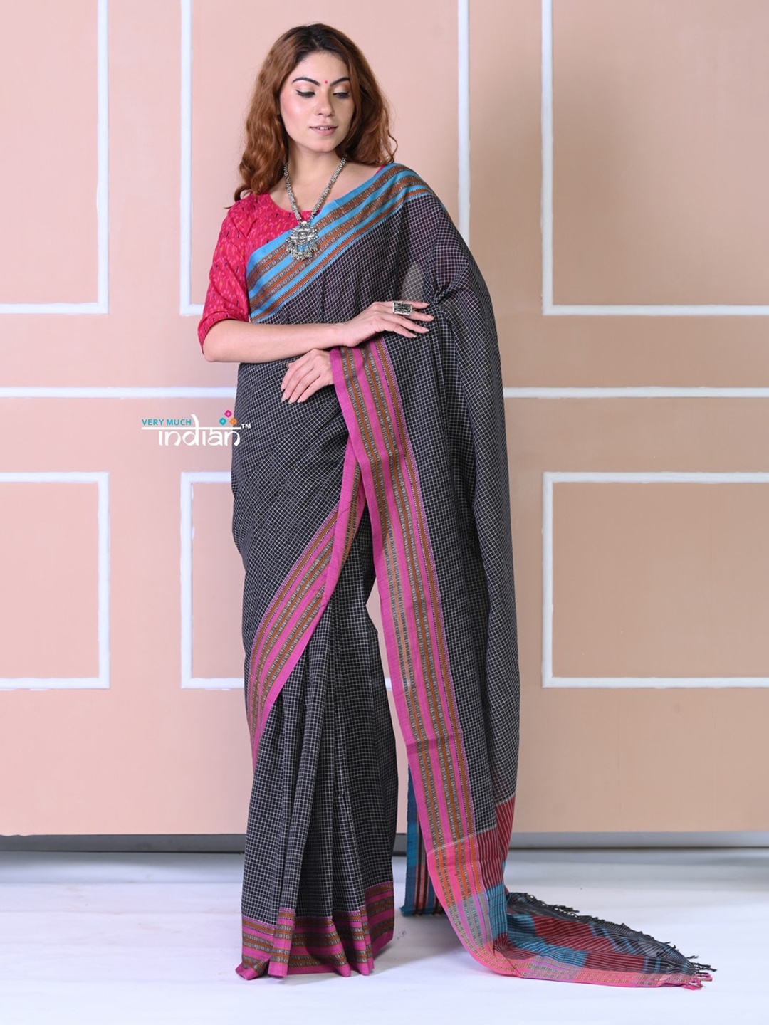 

Very Much Indian Checked Pure Cotton Saree, Black