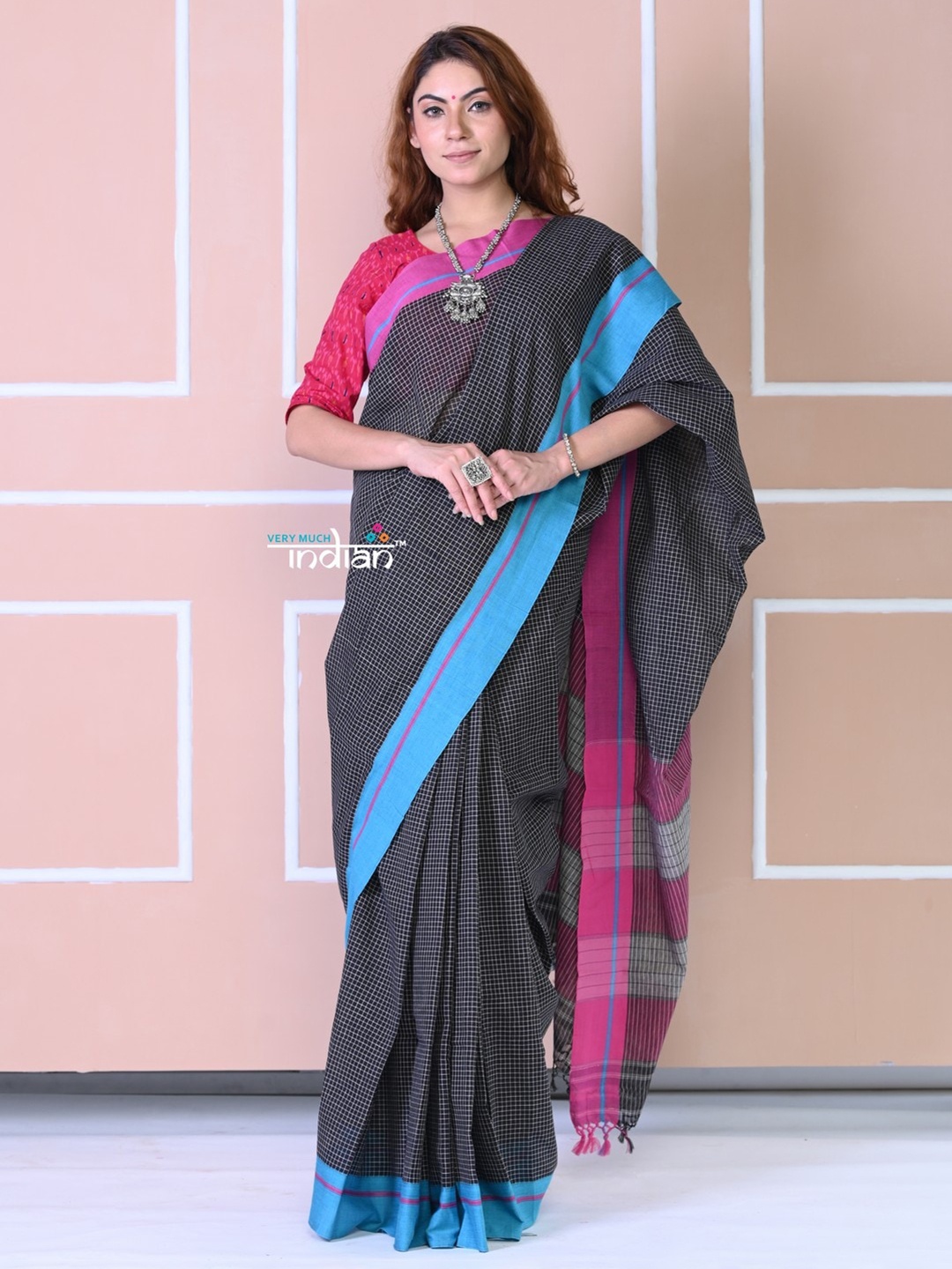 

Very Much Indian Checked Pure Cotton Saree, Black