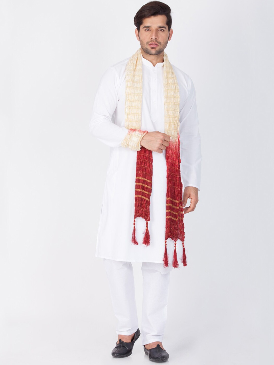 

VASTRAMAY Mandarin Collar Kurta with Pyjamas & With Dupatta, White