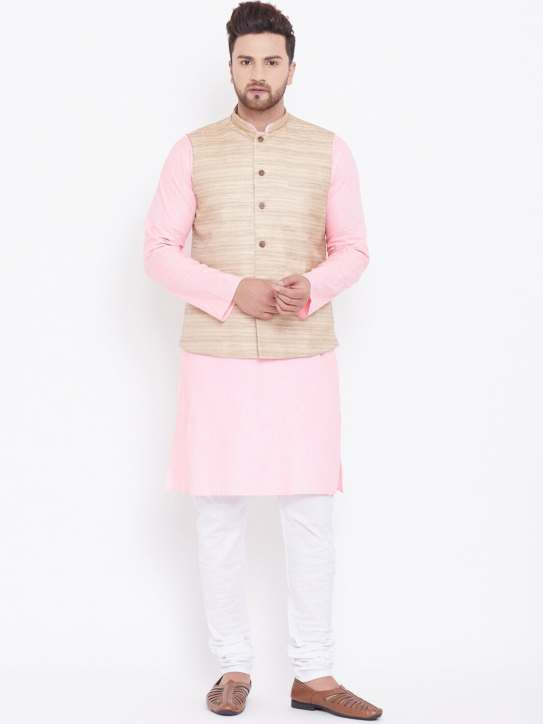 

VASTRAMAY Mandarin Collar Kurta with Churidar & Woven Design Nehru Jacket, Pink