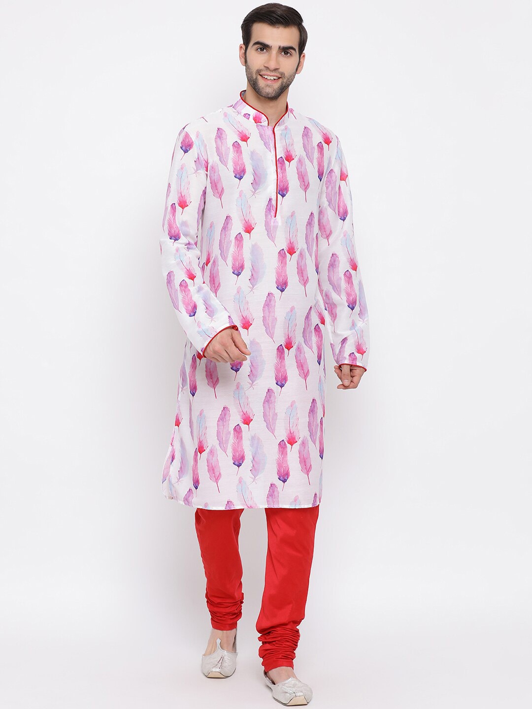 

VASTRAMAY Floral Printed Mandarin Collar Kurta with Churidar, White