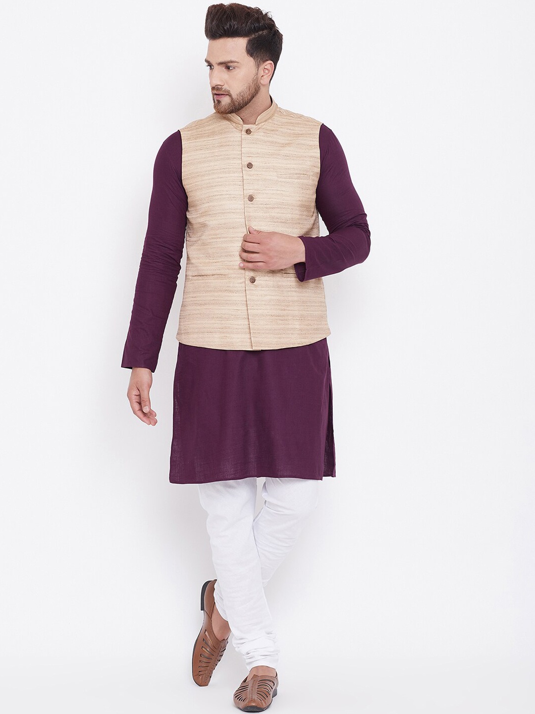 

VASTRAMAY Mandarin Collar Straight Kurta with Churidar & Nehru Jacket, Purple