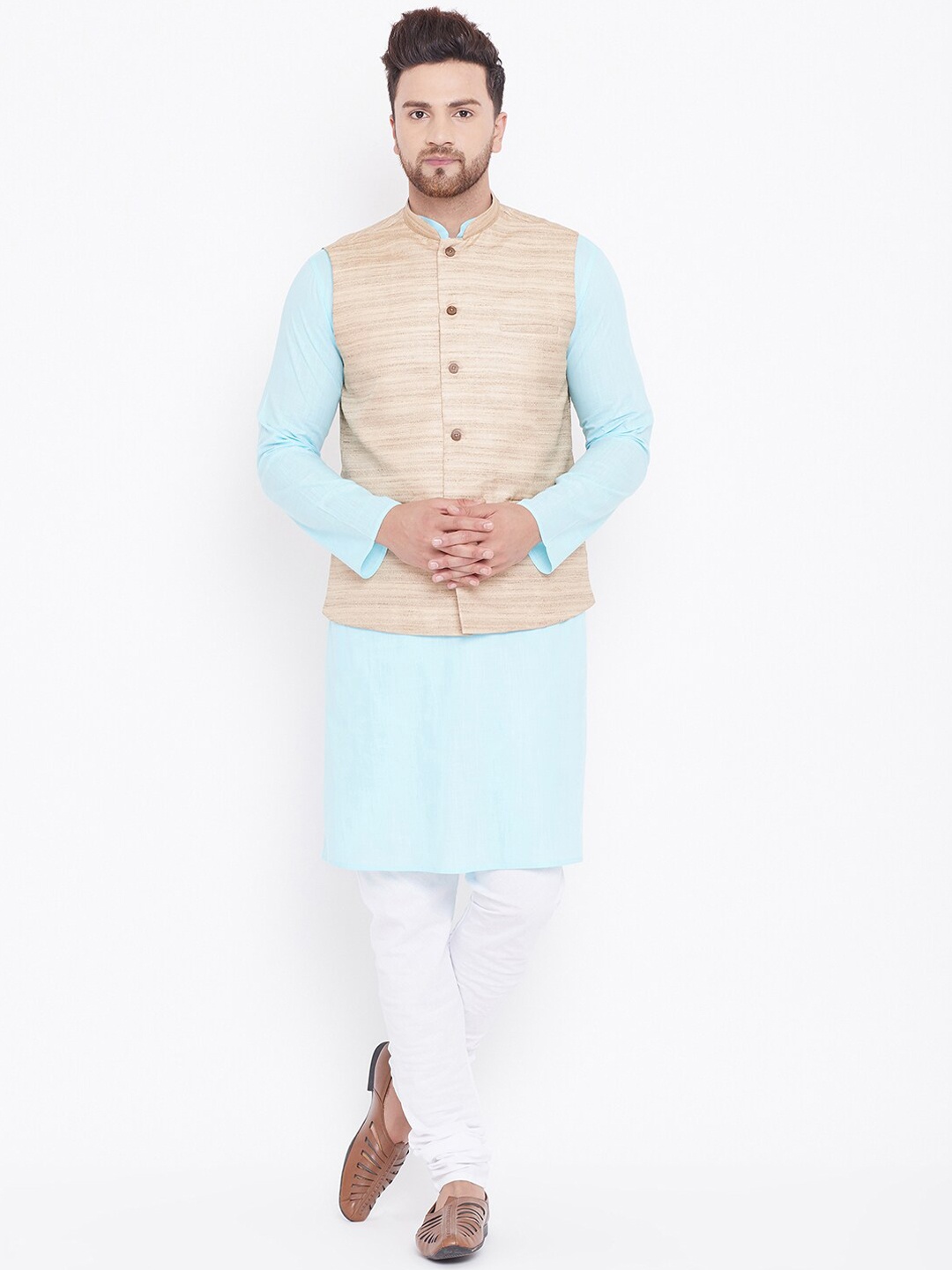

VASTRAMAY Regular Mandarin Collar Kurta With Pyjamas& Nehru Jacket, Blue