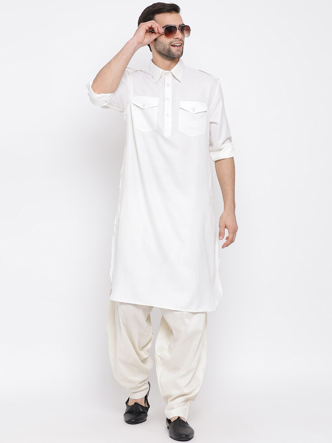

VASTRAMAY Shirt Collar Pathani Kurta With Patiala, Off white