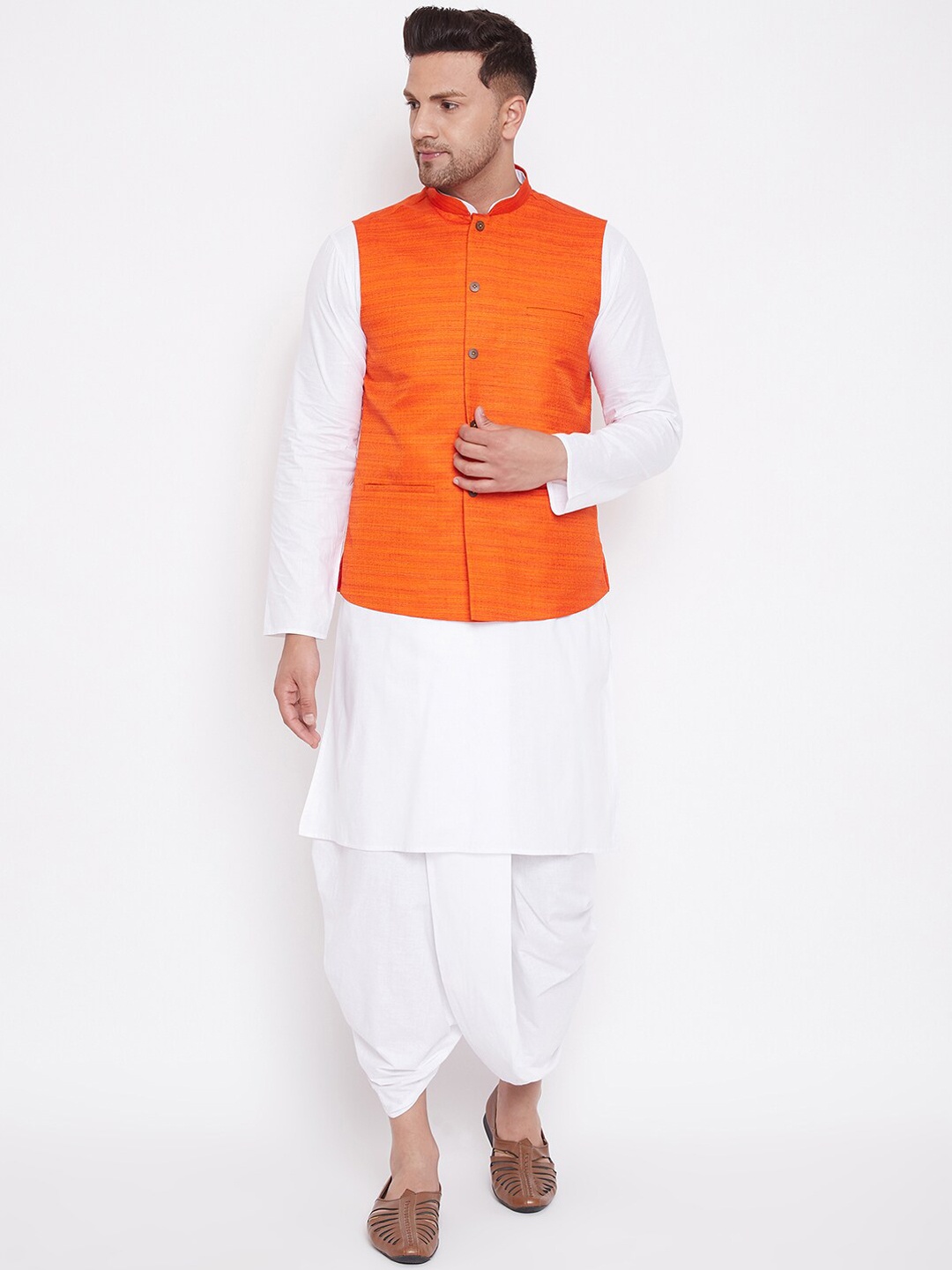 

VASTRAMAY Men Pure Cotton Kurta with Dhoti Pants & Nehru Jacket, White